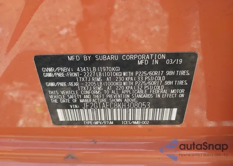 2019 Subaru Crosstrek 2.0I Premium из США, поврежденный, VIN JF2GTAEC8KH308053